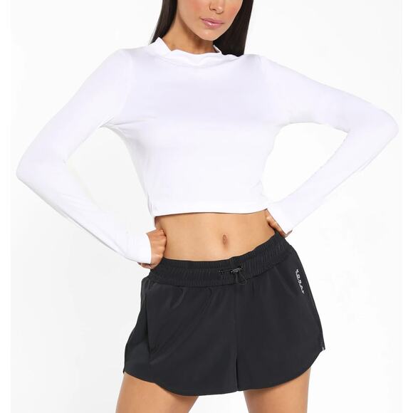 KORAL White Long Sleeve Crop Top MEDIUM Ribbed Mock Neck Logo Marlow $85 NEW - Picture 9 of 10